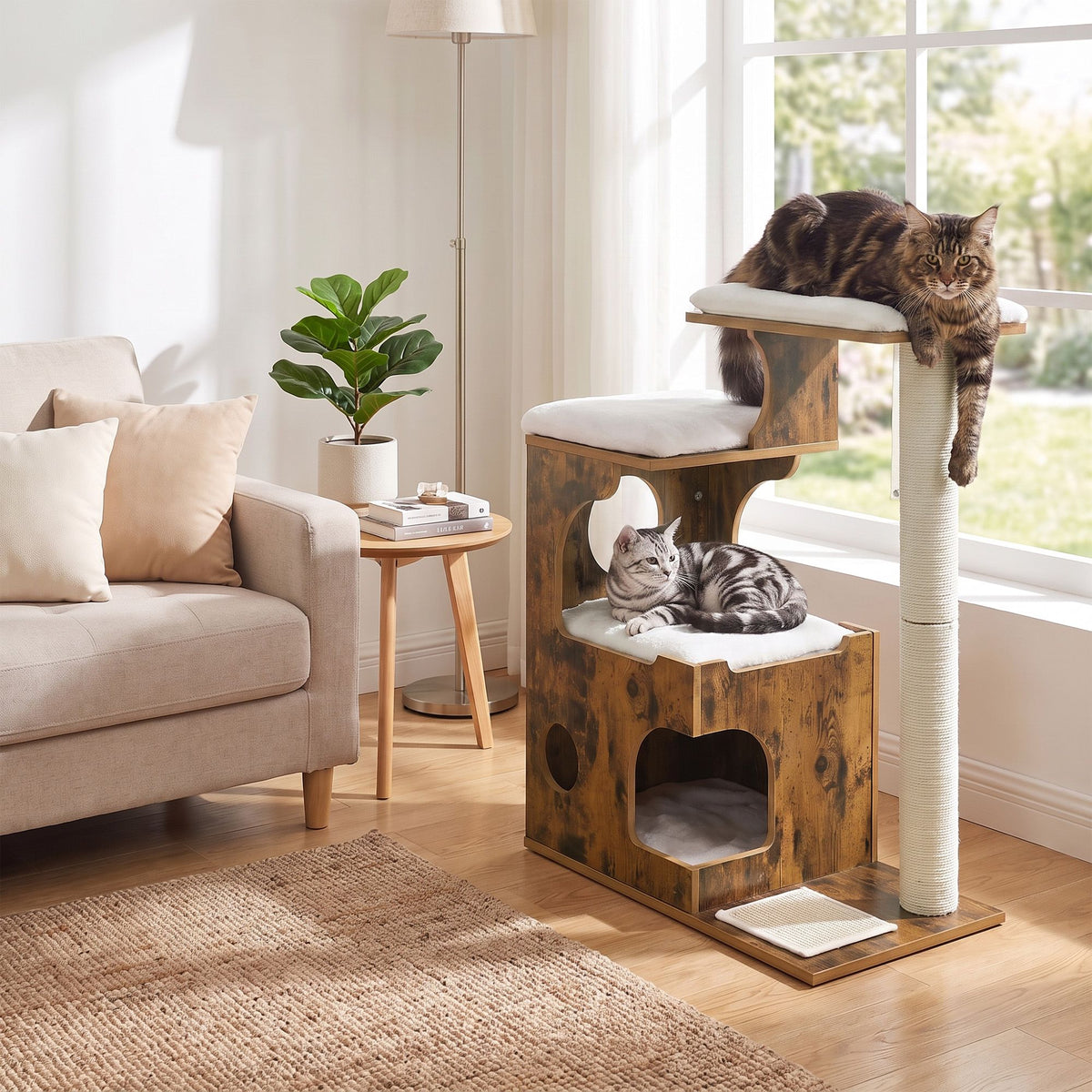 Modern Cat Tree Tower with Cat Cave, 3 Perches, Scratching Post and Mat, Removable Washable Cushions