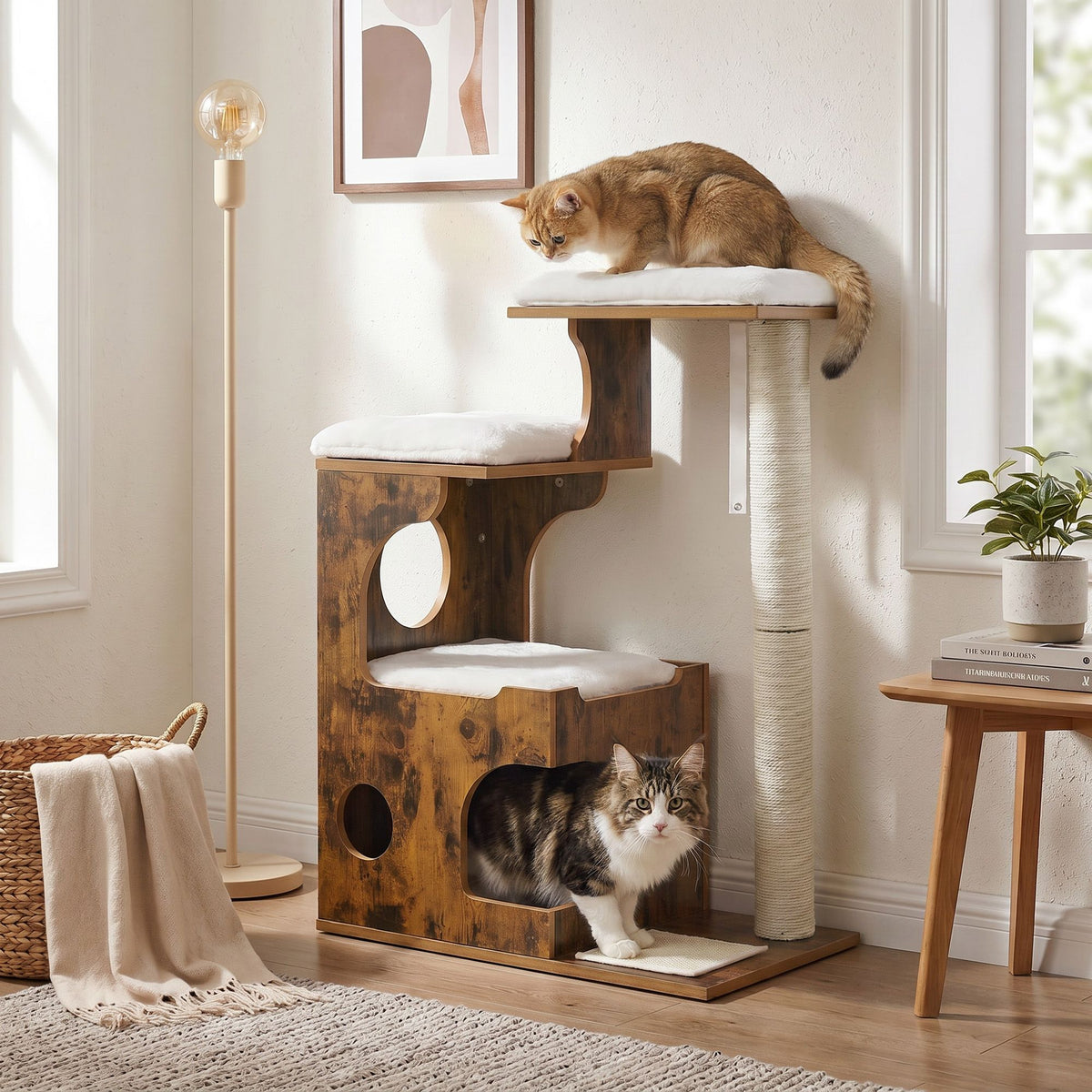 Modern Cat Tree Tower with Cat Cave, 3 Perches, Scratching Post and Mat, Removable Washable Cushions