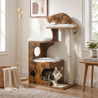 Modern Cat Tree Tower with Cat Cave, 3 Perches, Scratching Post and Mat, Removable Washable Cushions