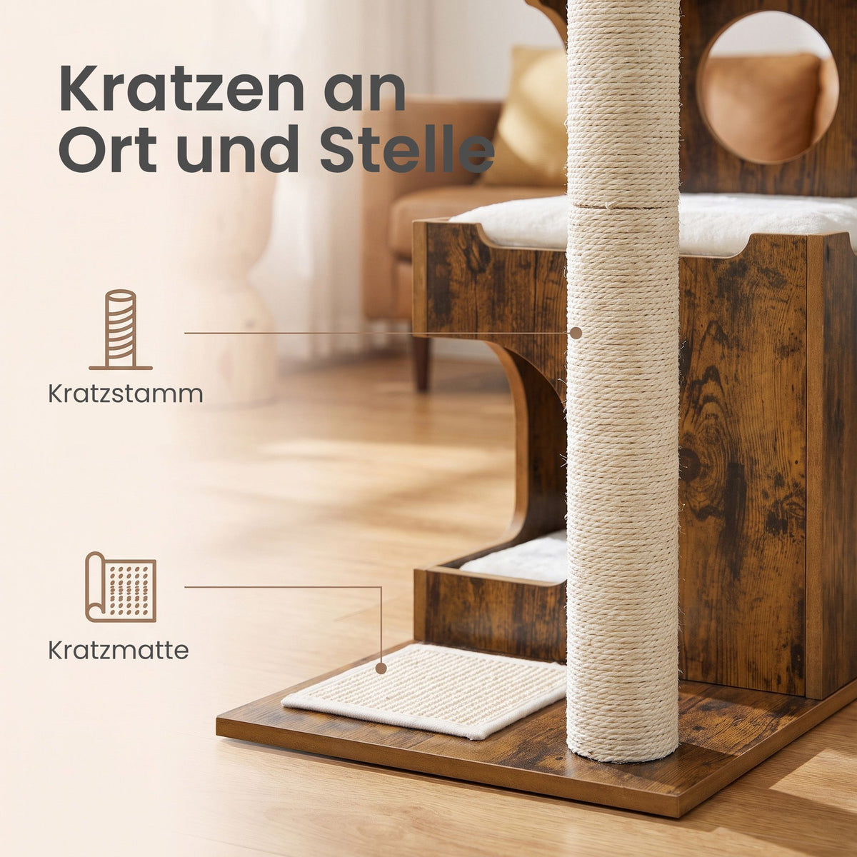 Modern Cat Tree Tower with Cat Cave, 3 Perches, Scratching Post and Mat, Removable Washable Cushions