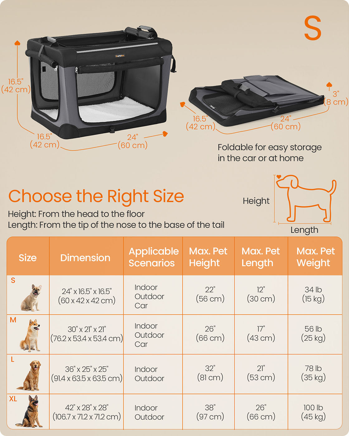Collapsible Dog Crate 24-Inch 4 Mesh Doors Handles Storage Pocket