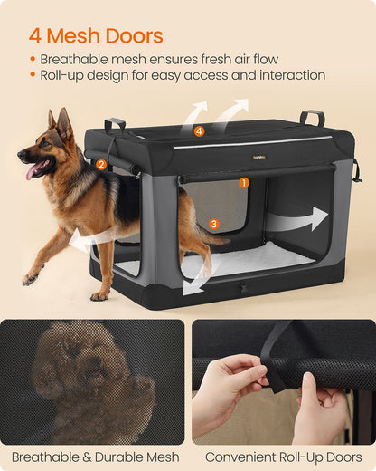 Collapsible Dog Crate 42-Inch 4 Mesh Doors Handles Storage Pocket Ink Black