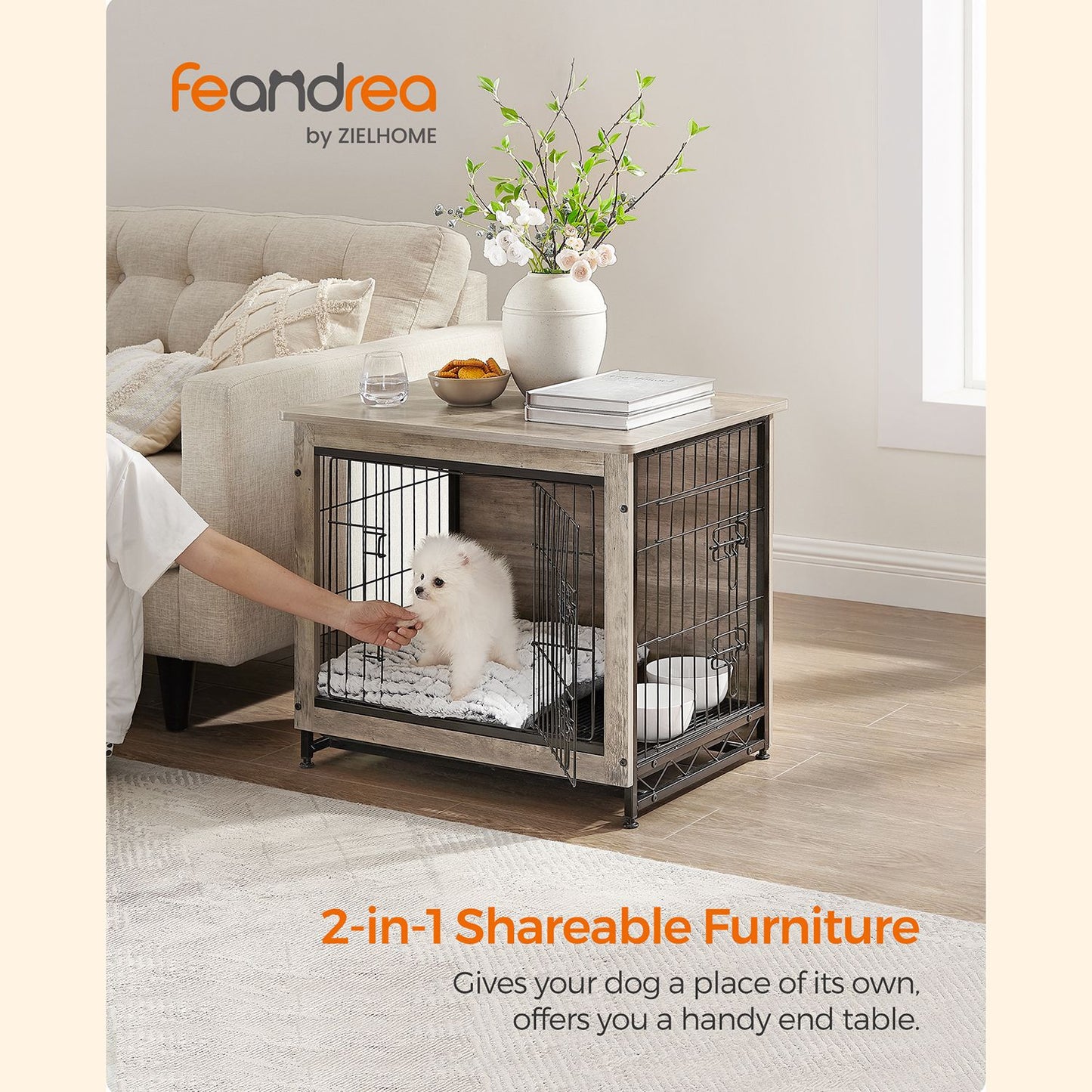 Dog Crate Furniture, Side End Table, Modern Kennel for Dogs Indoor up to 30 lb, Heavy-Duty Dog Cage with Multi-Purpose Removable Tray, Double-Door Dog House, Greige - HWLEXTRA 