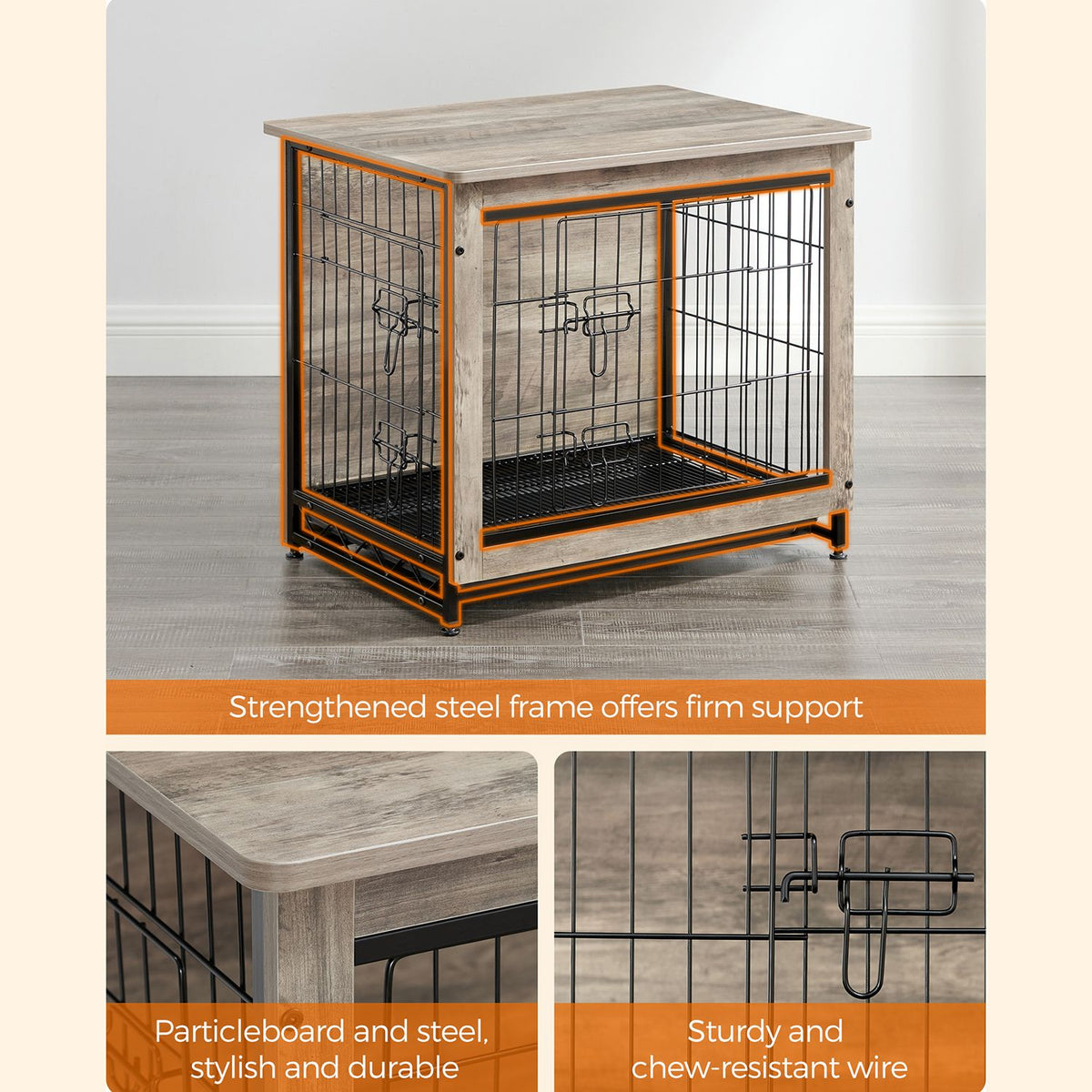Dog Crate Furniture, Side End Table, Modern Kennel for Dogs Indoor up to 30 lb, Heavy-Duty Dog Cage with Multi-Purpose Removable Tray, Double-Door Dog House, Greige - HWLEXTRA 