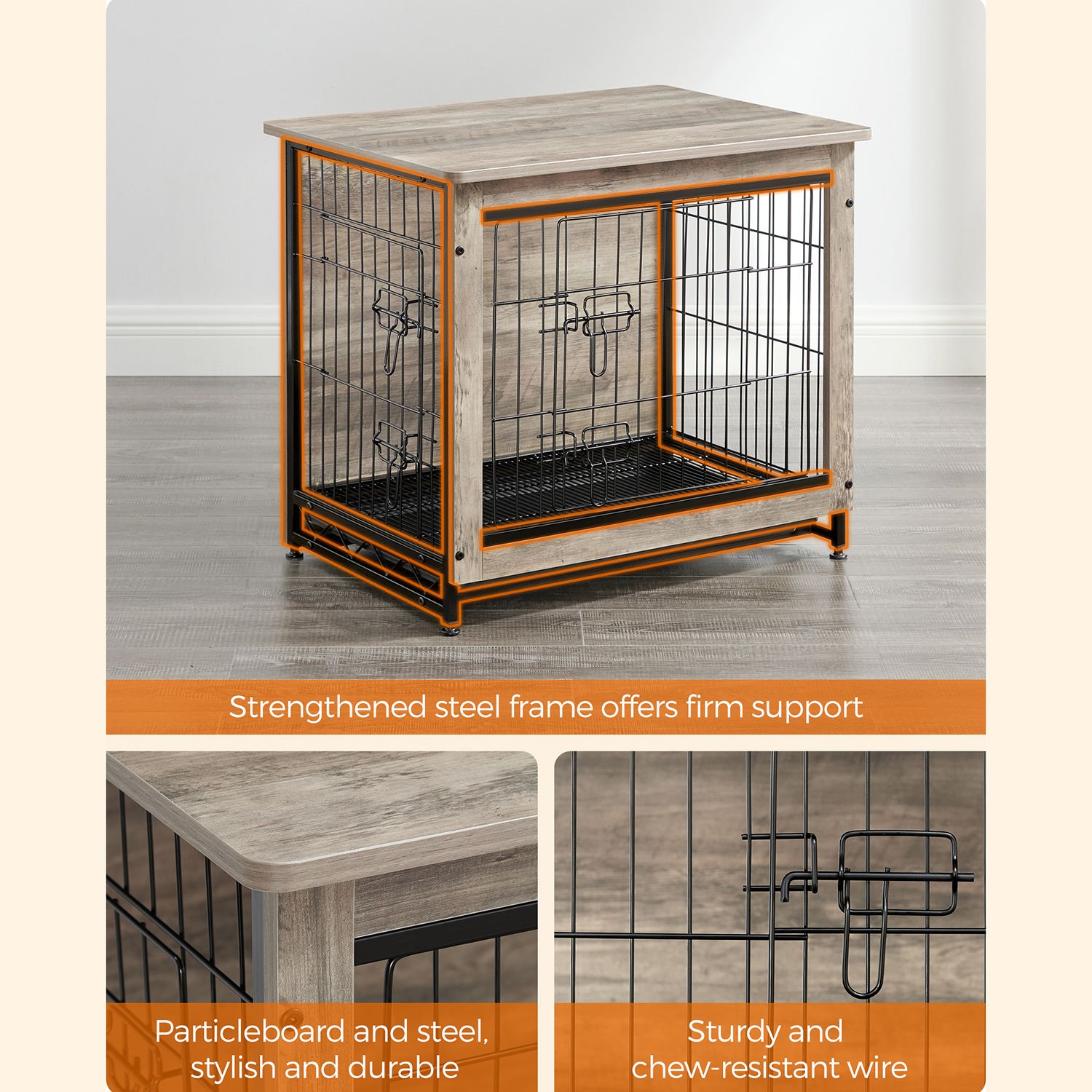 Dog Crate Furniture, Side End Table, Modern Kennel for Dogs Indoor up to 30 lb, Heavy-Duty Dog Cage with Multi-Purpose Removable Tray, Double-Door Dog House, Greige - HWLEXTRA 