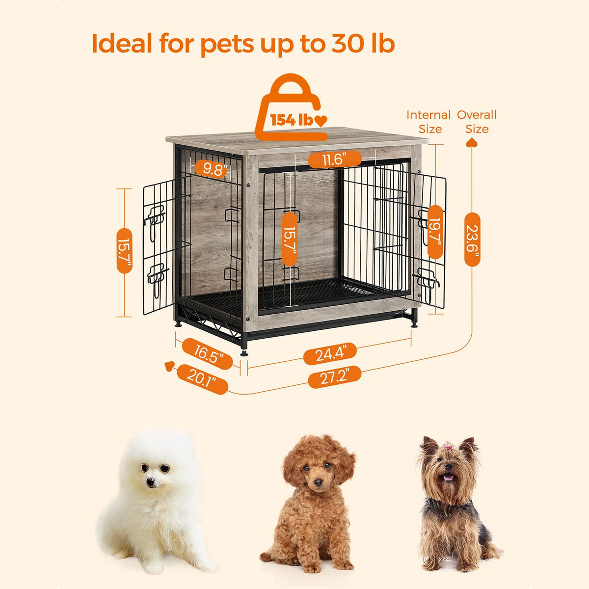 Dog Crate Furniture, Side End Table, Modern Kennel for Dogs Indoor up to 30 lb, Heavy-Duty Dog Cage with Multi-Purpose Removable Tray, Double-Door Dog House, Greige - HWLEXTRA 