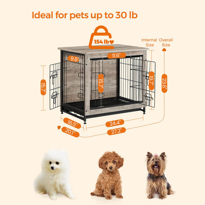 Dog Crate Furniture, Side End Table, Modern Kennel for Dogs Indoor up to 30 lb, Heavy-Duty Dog Cage with Multi-Purpose Removable Tray, Double-Door Dog House, Greige - HWLEXTRA 