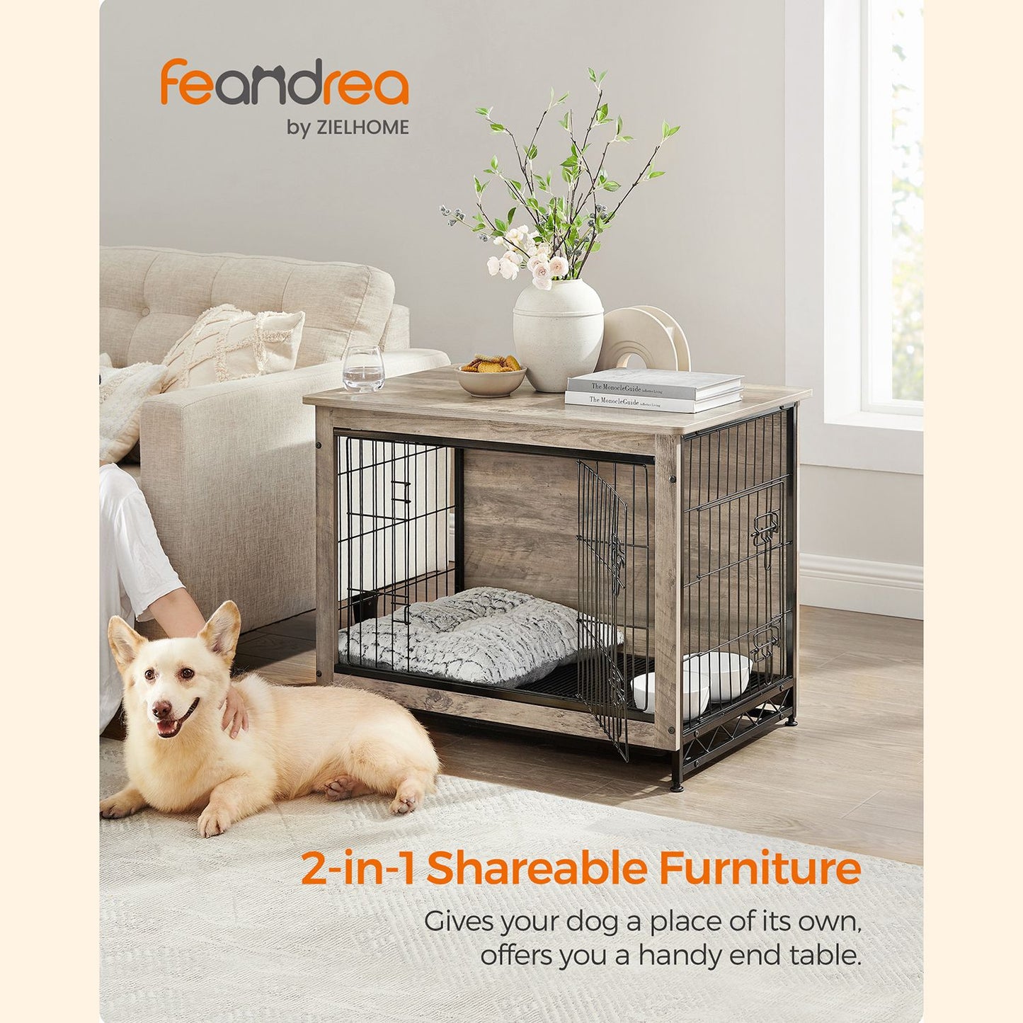 Dog Crate Furniture, Side End Table, Modern Kennel for Dogs Indoor up to 45 lb, Heavy-Duty Dog Cage with Multi-Purpose Removable Tray, Double-Door Dog House, Greige