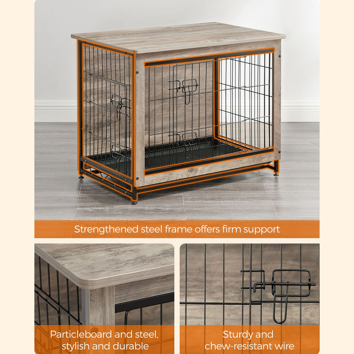 Dog Crate Furniture, Side End Table, Modern Kennel for Dogs Indoor up to 45 lb, Heavy-Duty Dog Cage with Multi-Purpose Removable Tray, Double-Door Dog House, Greige