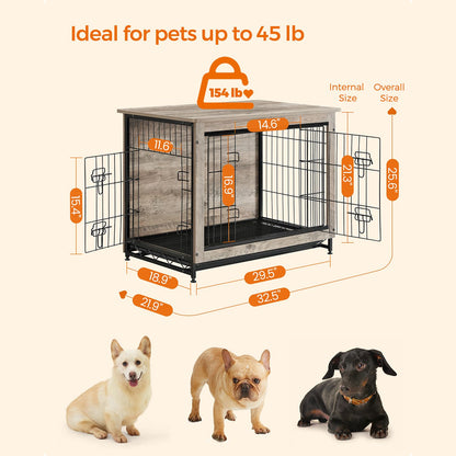 Dog Crate Furniture, Side End Table, Modern Kennel for Dogs Indoor up to 45 lb, Heavy-Duty Dog Cage with Multi-Purpose Removable Tray, Double-Door Dog House, Greige