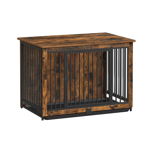 Dog Crate Furniture, End Table, Modern Dog Kennel for Medium Dogs Indoor up to 70 lb, Dog Cage with Double Doors, Customizable Side Door, Anti-Slip Pull-Out Tray, Rustic Brown - HWLEXTRA 