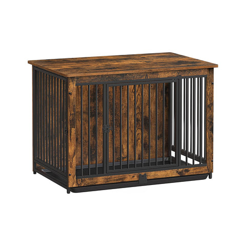 Dog Crate Furniture, End Table, Modern Dog Kennel for Medium Dogs Indoor up to 70 lb, Dog Cage with Double Doors, Customizable Side Door, Anti-Slip Pull-Out Tray, Rustic Brown UPFC013X01