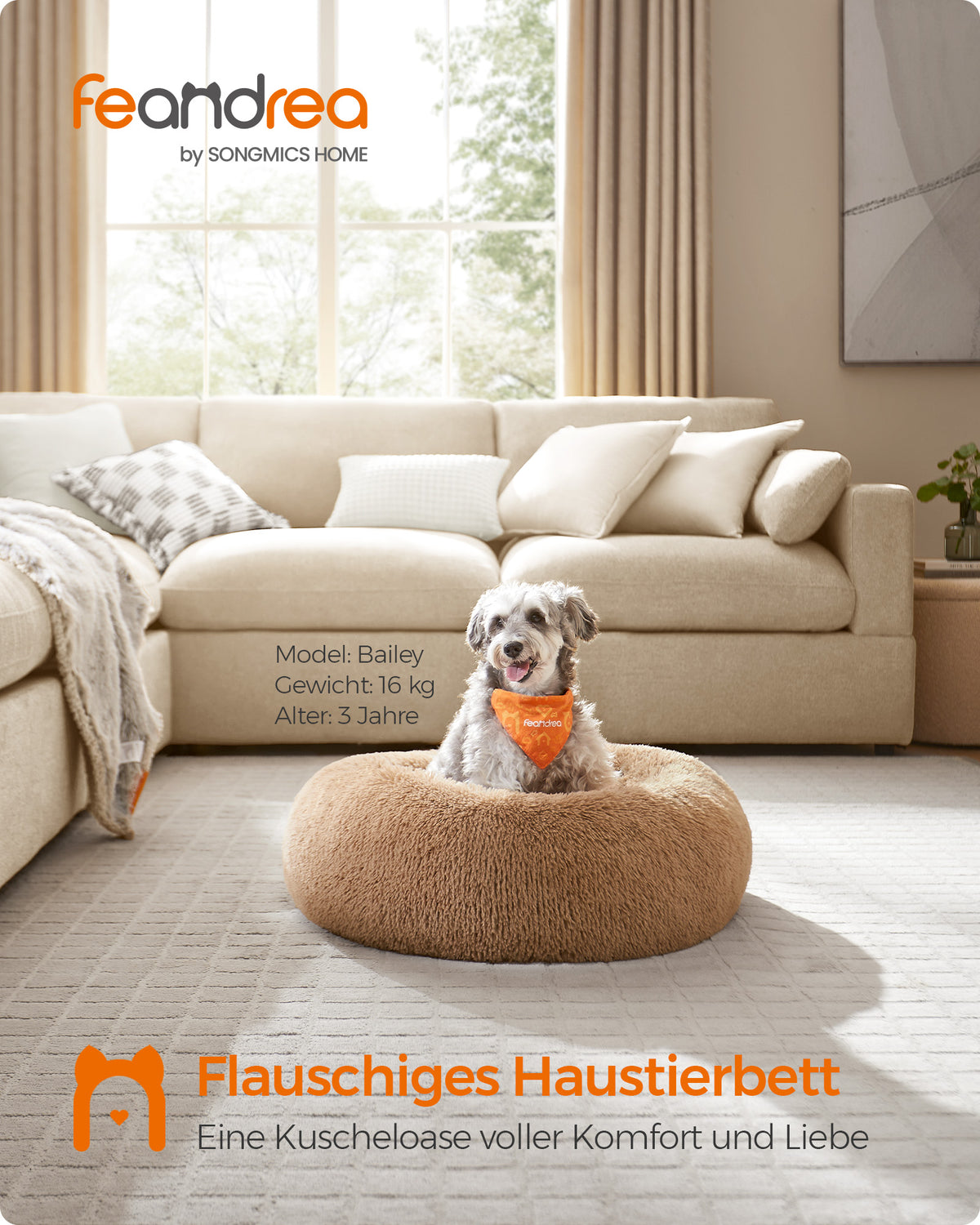 Round Plush Dog Bed — Camel Brown, 70 cm