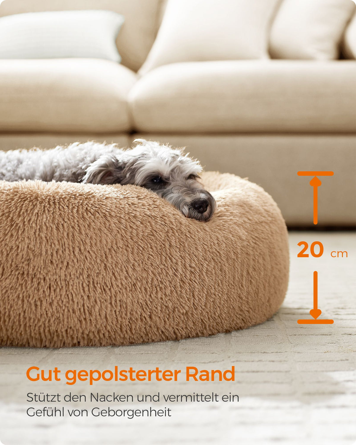 Round Plush Dog Bed — Camel Brown, 70 cm