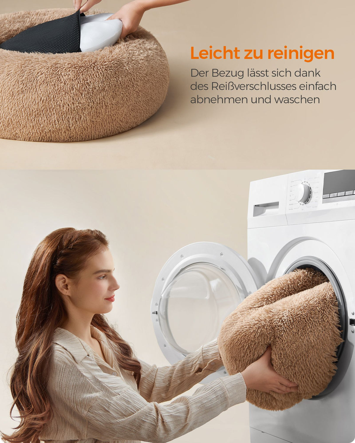 Round Plush Dog Bed — Camel Brown, 70 cm