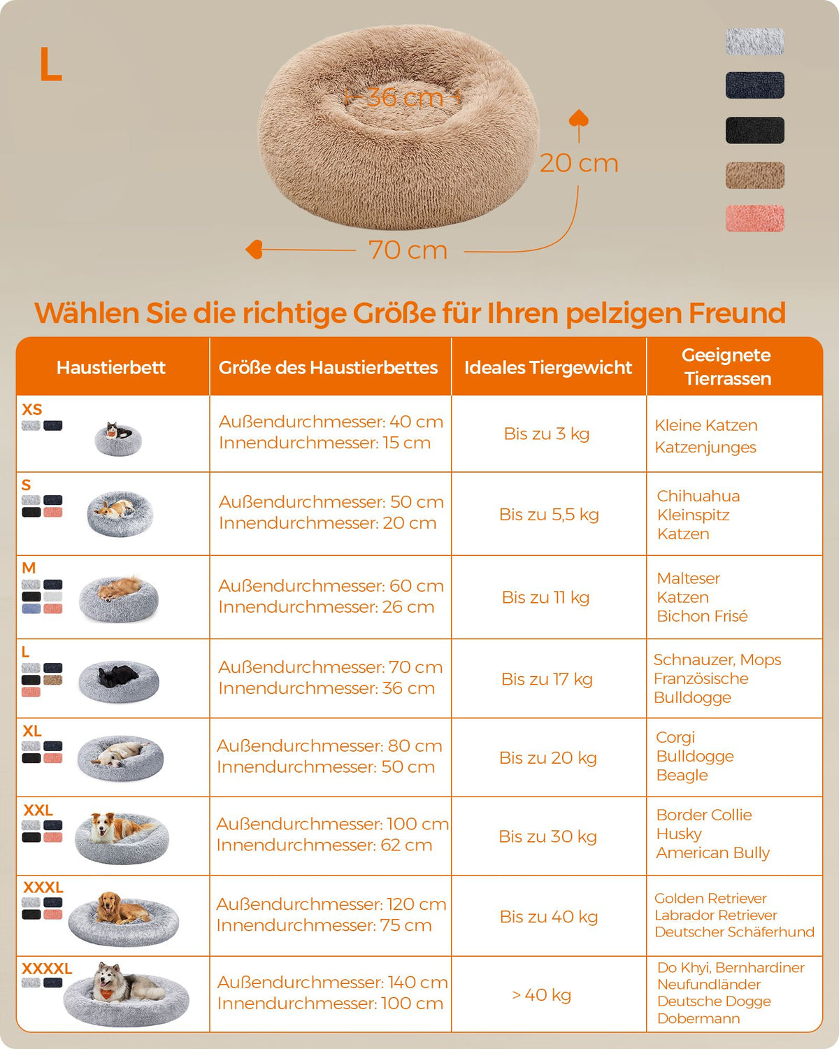Round Plush Dog Bed — Camel Brown, 70 cm