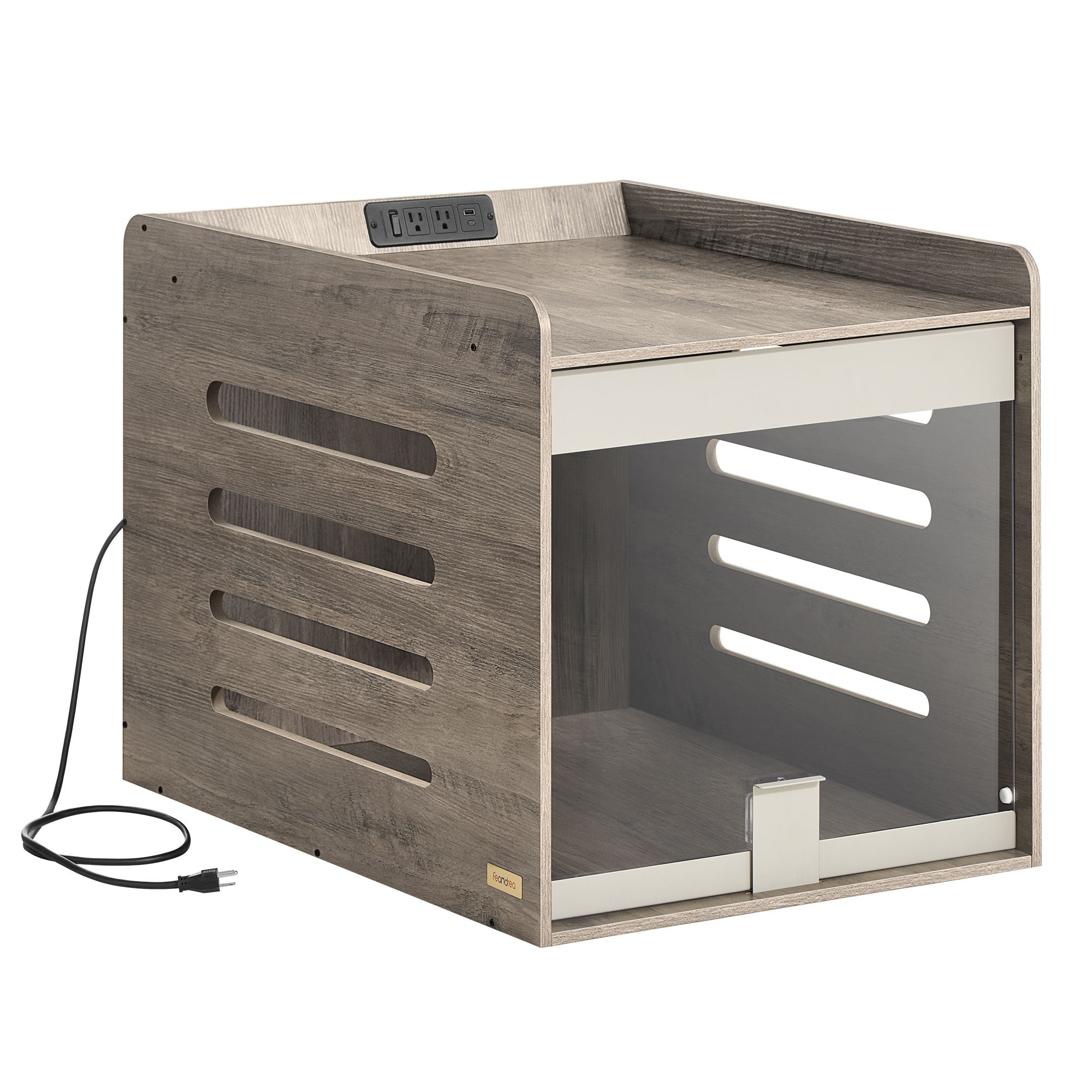 Modern Dog Crate Furniture with Charging Station, Heather Greige