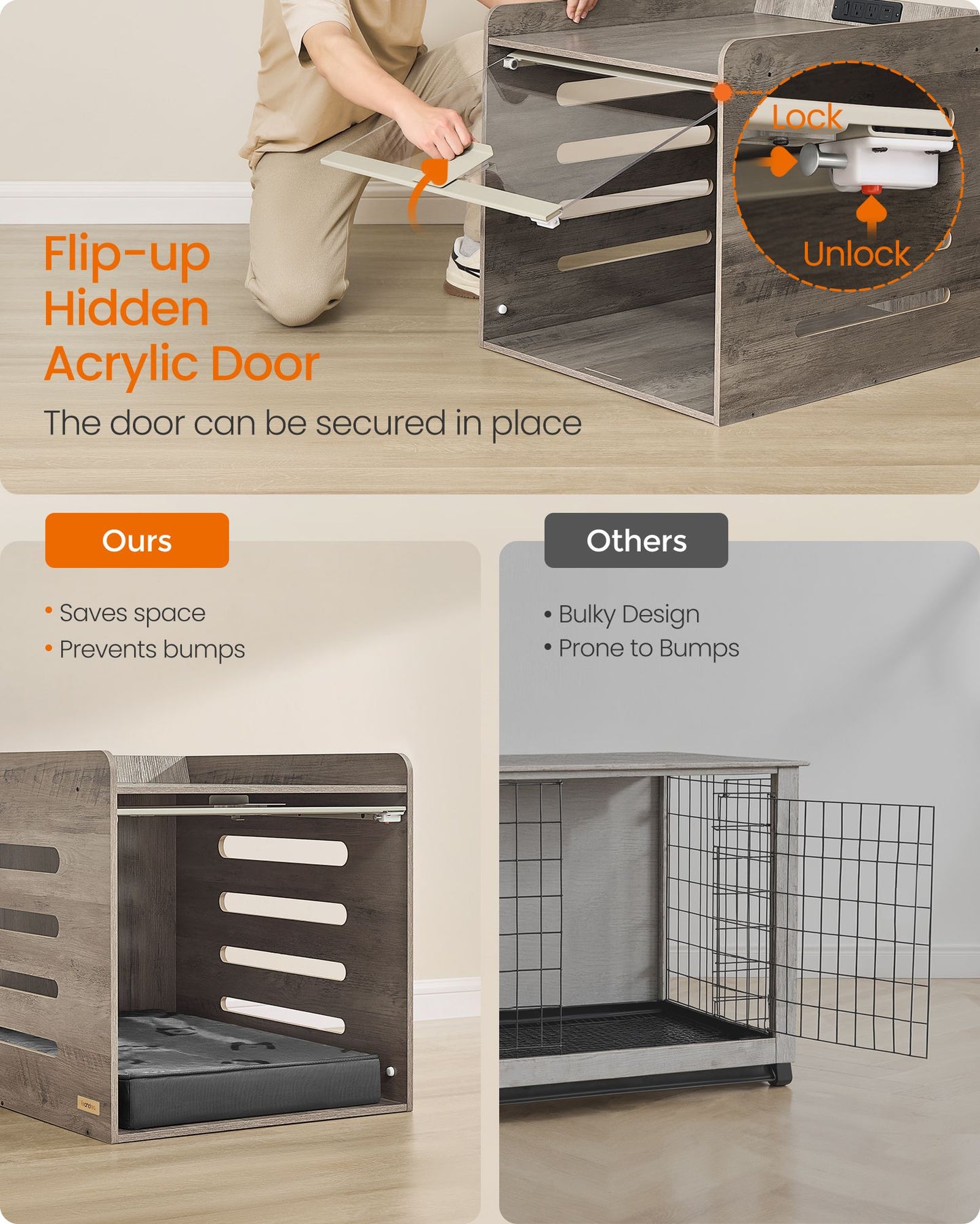 Modern Dog Crate Furniture with Charging Station, Heather Greige