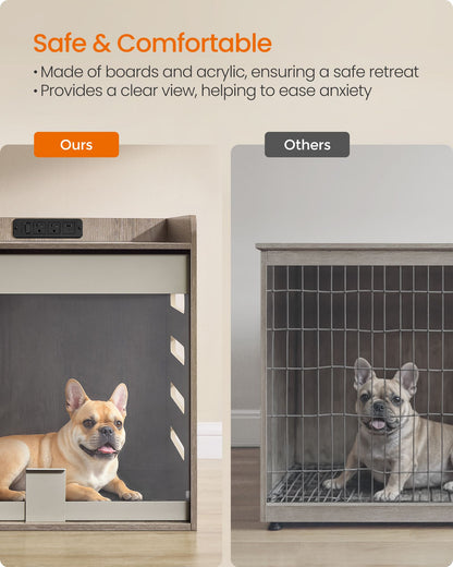 Modern Dog Crate Furniture with Charging Station, Heather Greige