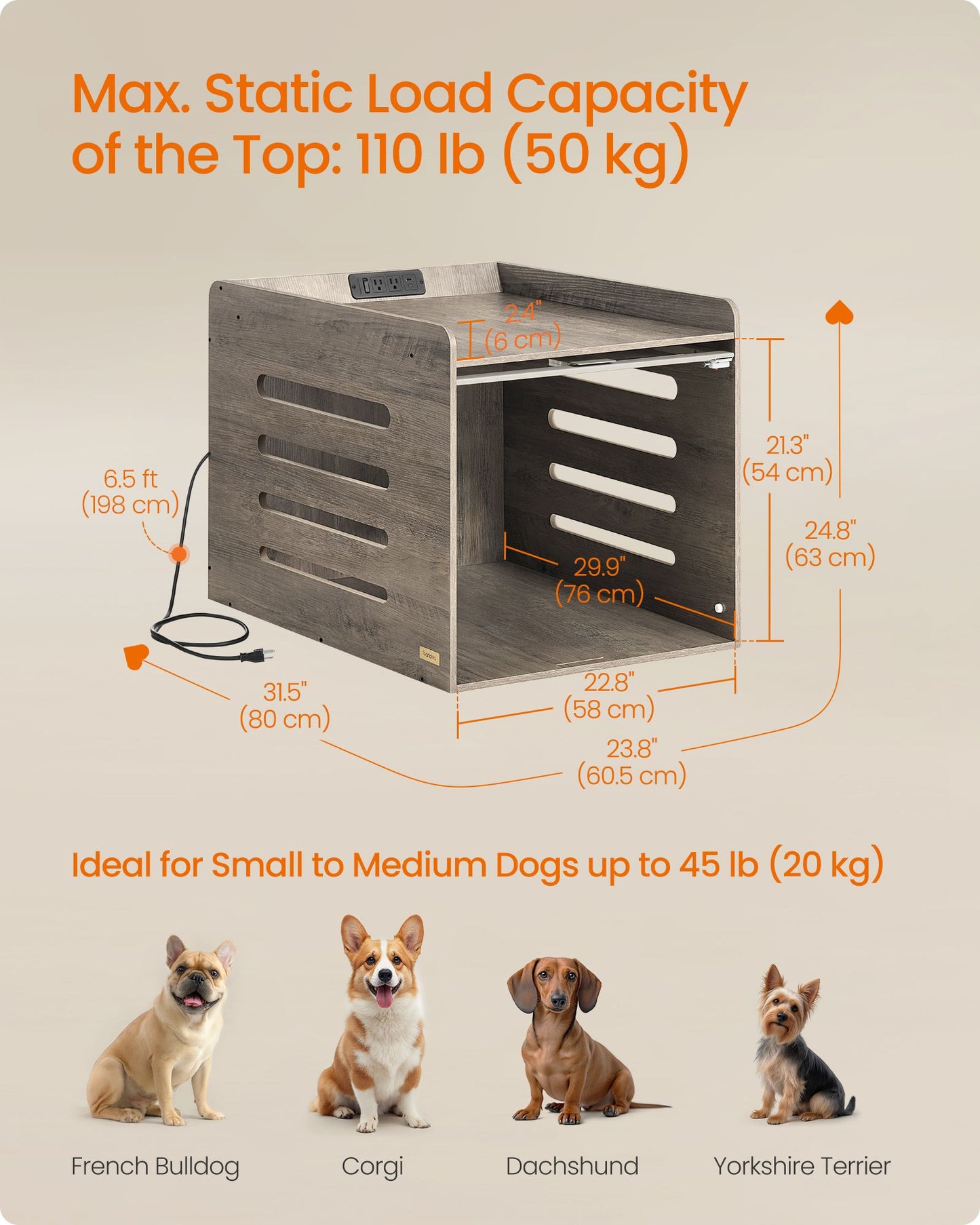 Modern Dog Crate Furniture with Charging Station, Heather Greige