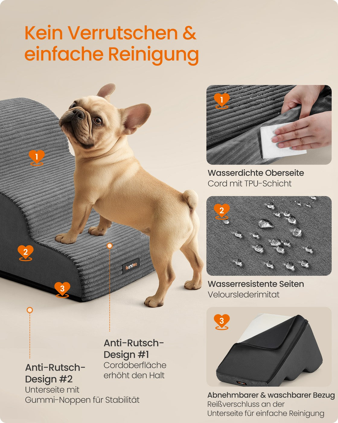 3-Step Dog Stairs Dog Steps for Bed Slate Grey