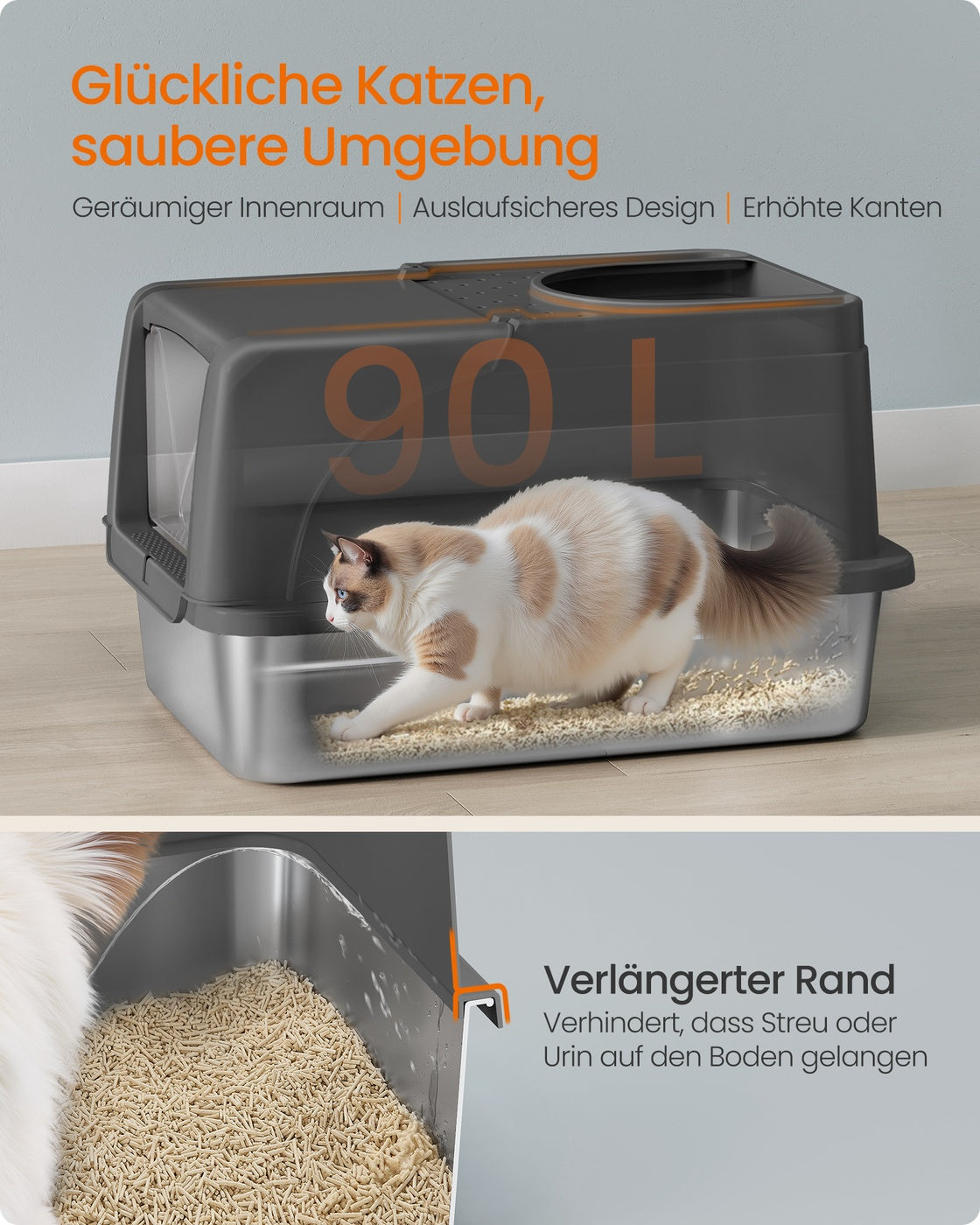 Stainless Steel Cat Litter Box with Flip Lid Ink Black