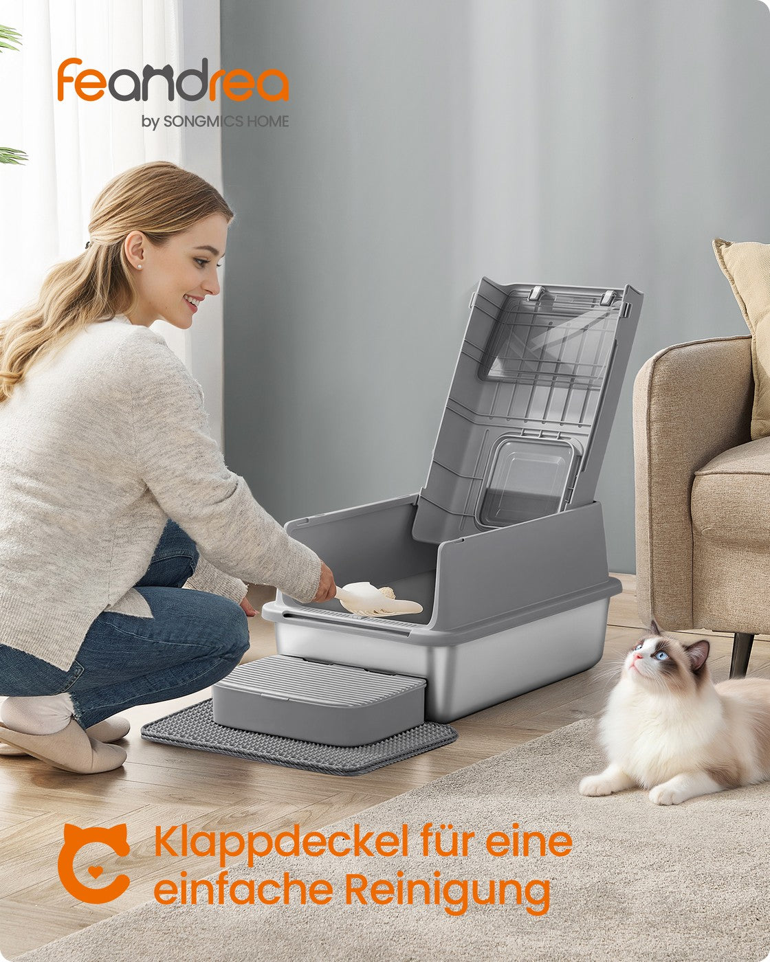 Stainless Steel Cat Litter Box with Flip Lid 2 Doors for Cats up to 15 kg Dove Grey