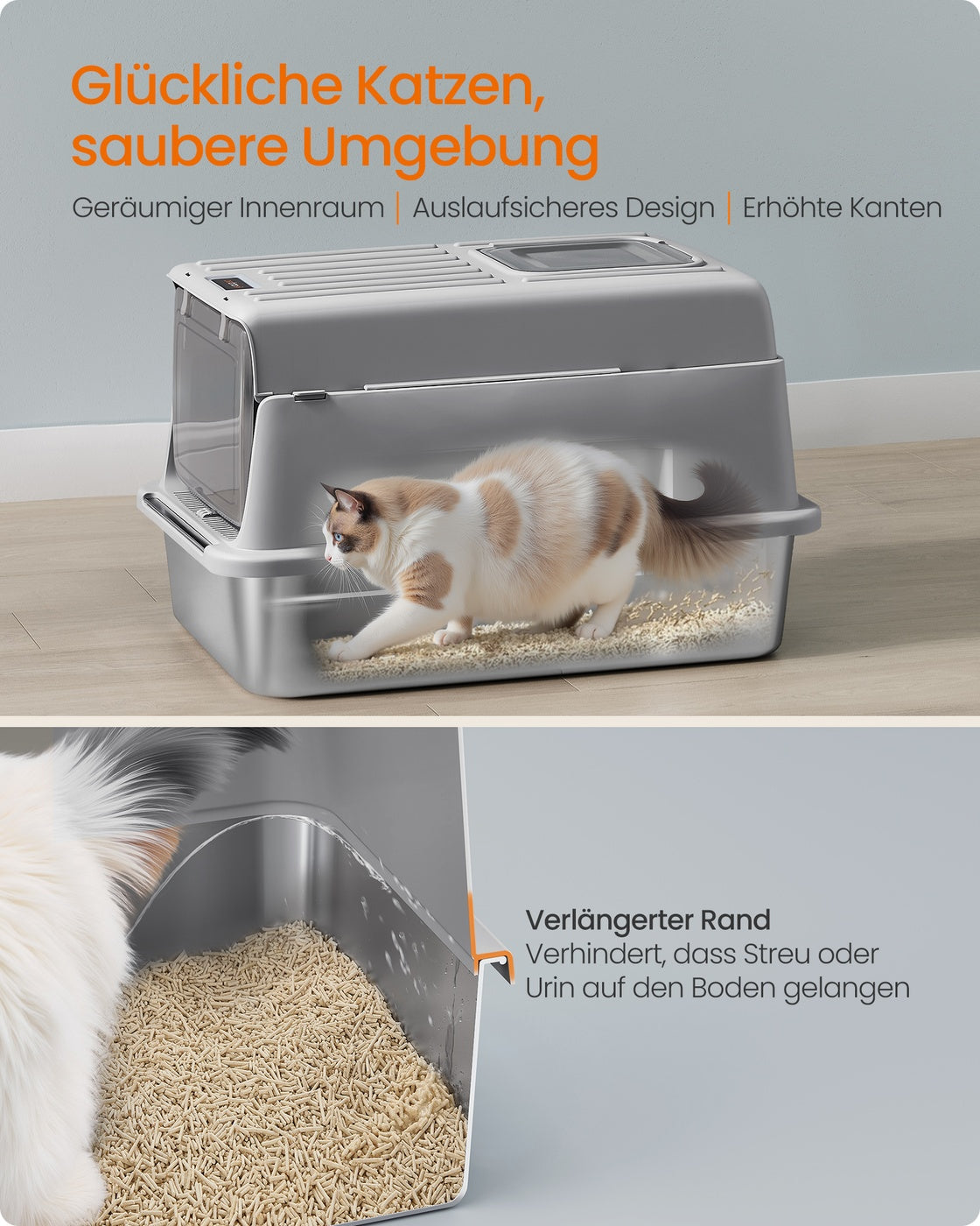 Stainless Steel Cat Litter Box with Flip Lid 2 Doors for Cats up to 15 kg Dove Grey