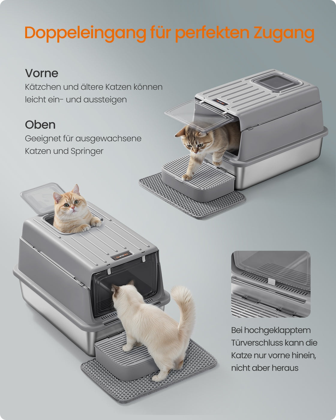 Stainless Steel Cat Litter Box with Flip Lid 2 Doors for Cats up to 15 kg Dove Grey
