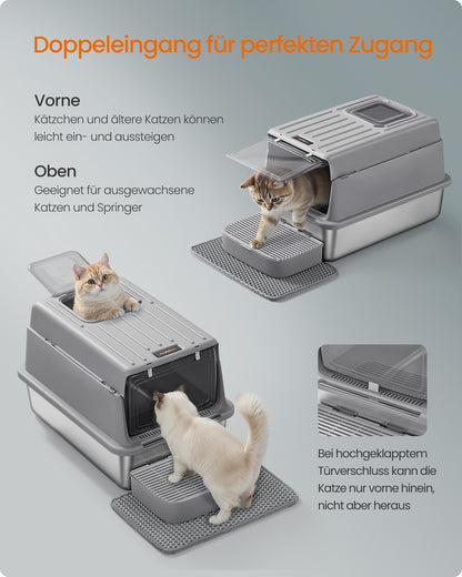 Stainless Steel Cat Litter Box with Flip Lid 2 Doors for Cats up to 15 kg Dove Grey