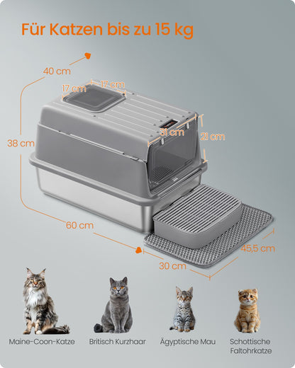 Stainless Steel Cat Litter Box with Flip Lid 2 Doors for Cats up to 15 kg Dove Grey