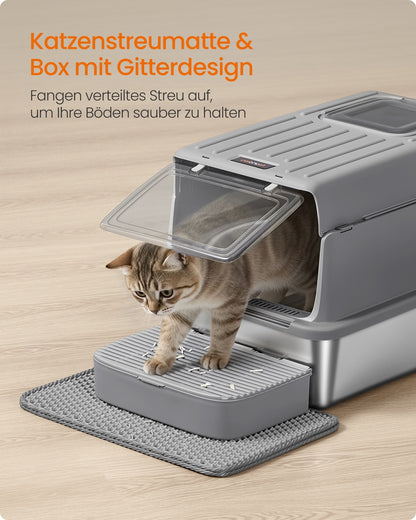 Stainless Steel Cat Litter Box with Flip Lid 2 Doors for Cats up to 15 kg Dove Grey
