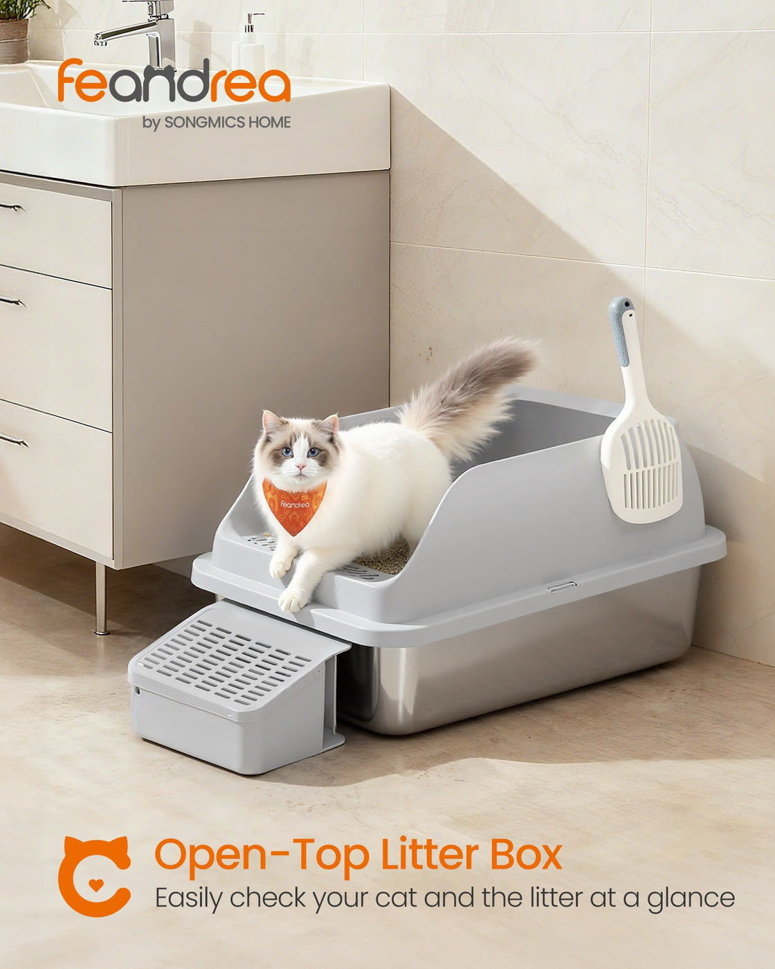 Stainless Steel Cat Litter Box with Open Top Dove Gray