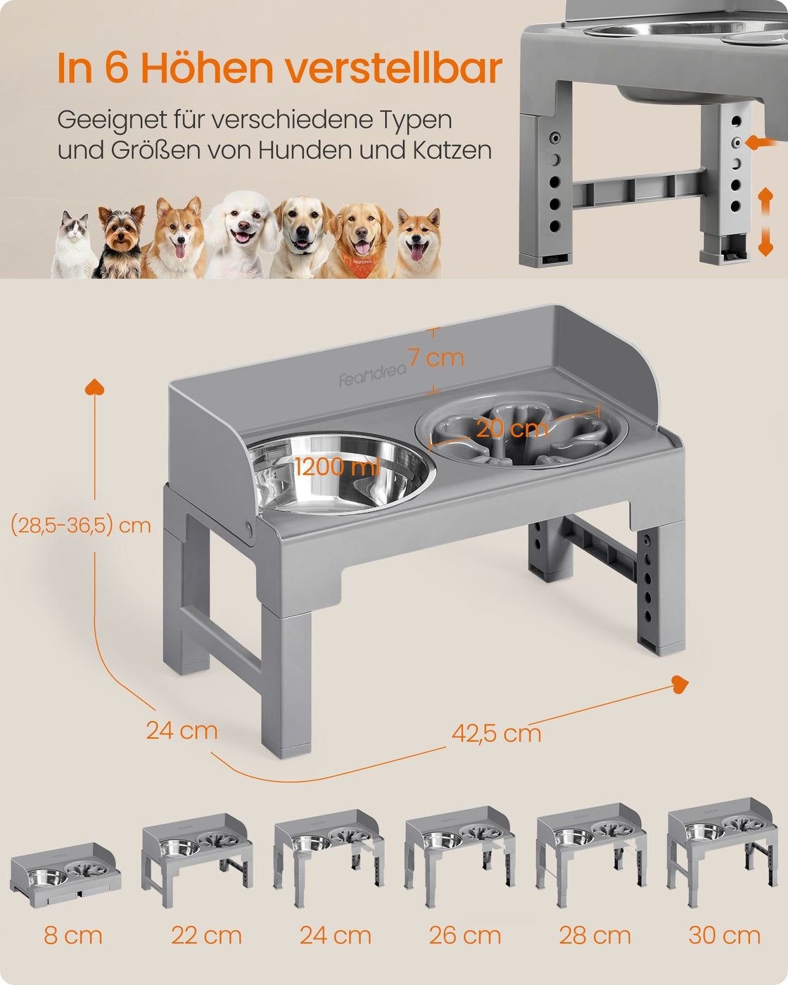 Dove Grey Raised Dog Bowls with Height-Adjustable Stand