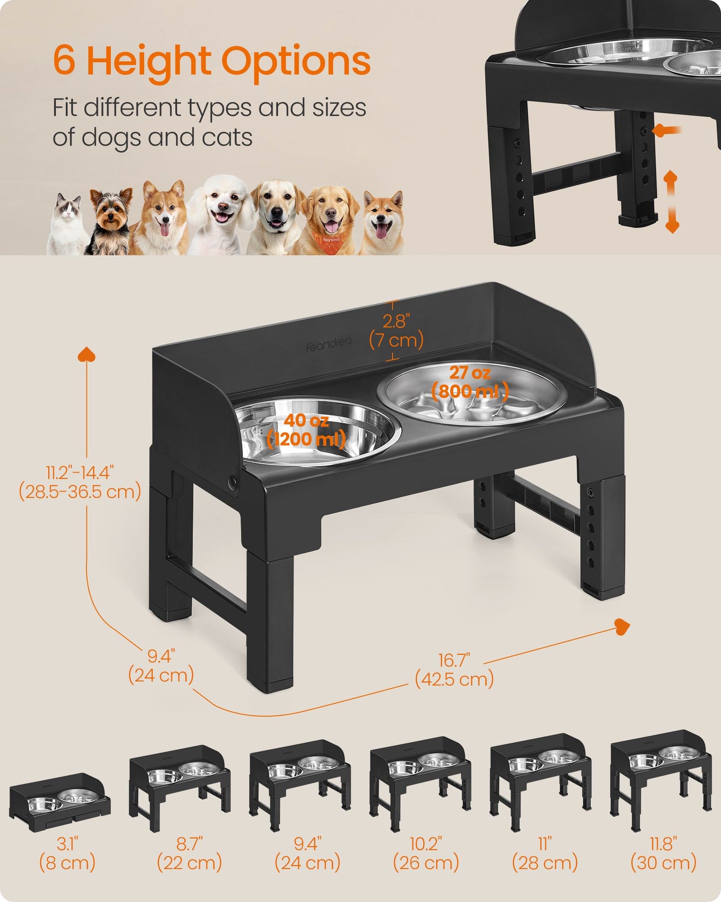 Dog Bowls Elevated, Adjustable Height, Tilted Design, Raised Stand, 1 Slow Feeder, Ink Black - image 2