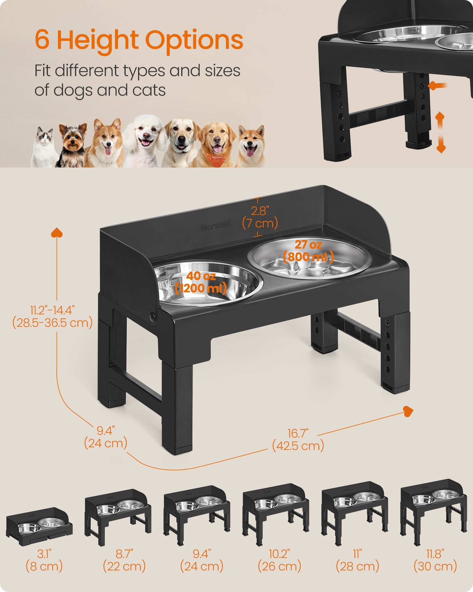 Dog Bowls Elevated, Adjustable Height, Tilted Design, Raised Stand, 1 Slow Feeder, Ink Black - image 2