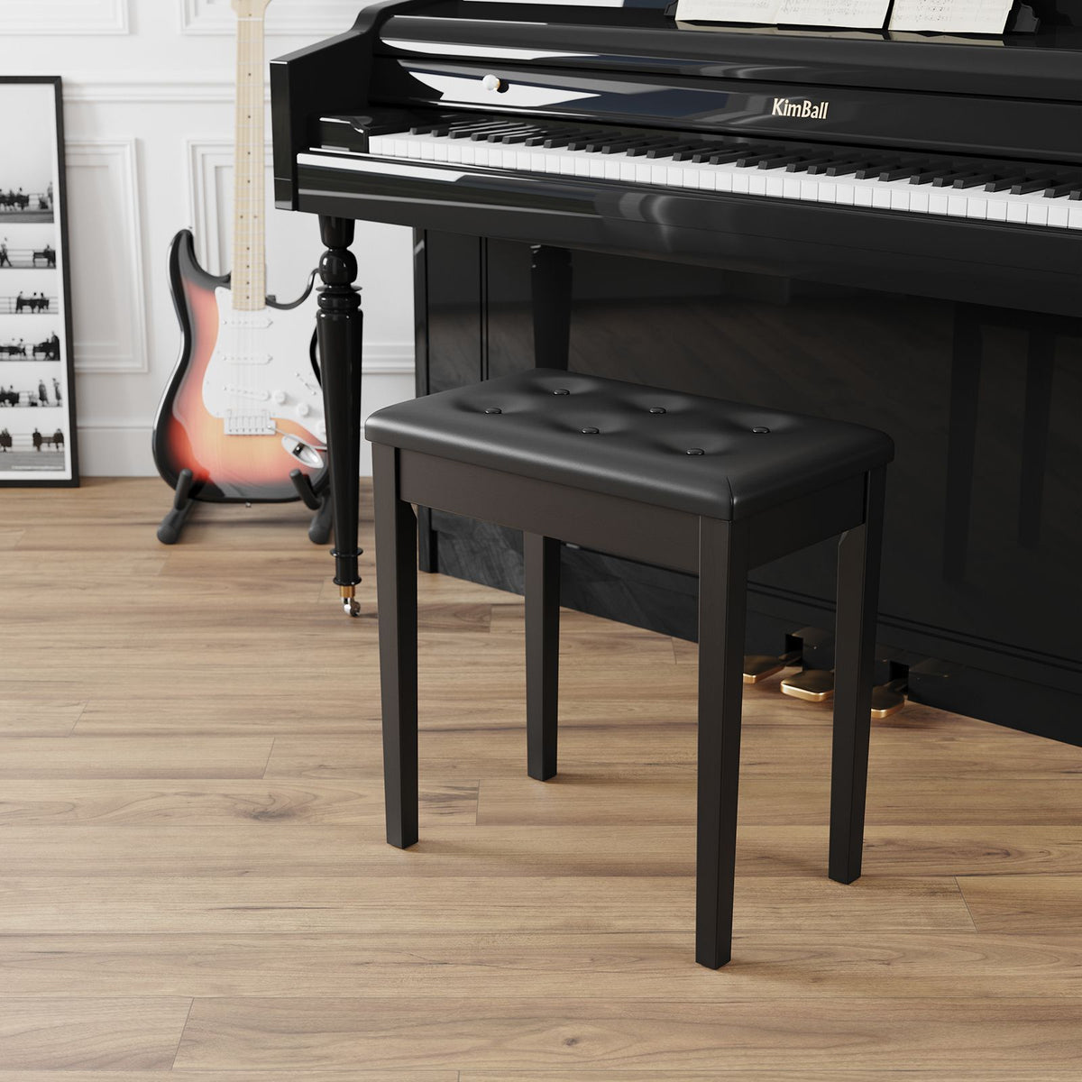 Padded Wooden Piano Bench with Music Storage Black