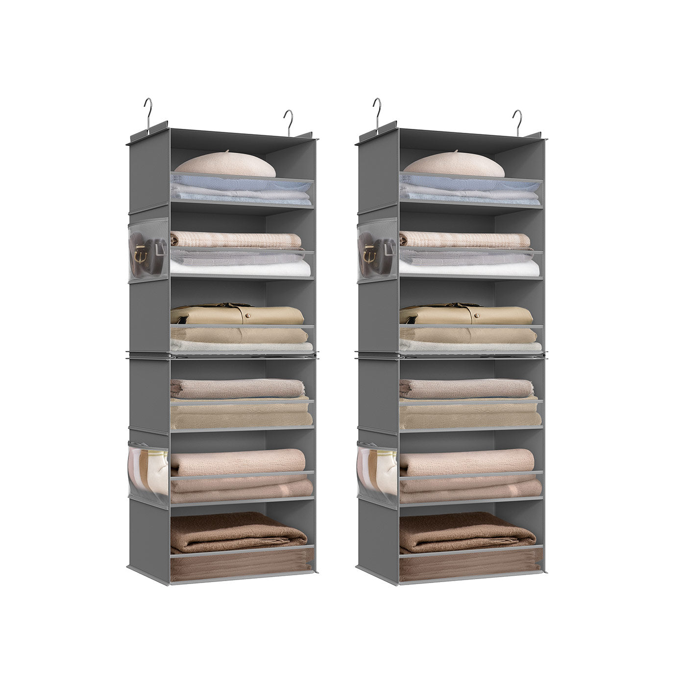 Set of 2 Hanging Closet Organizers, 6-Tier Fabric Storage Shelf, Separable Closet Hanging Shelf with Side Pockets, Foldable, Metal Hooks and Bamboo Inserts, Dove Gray