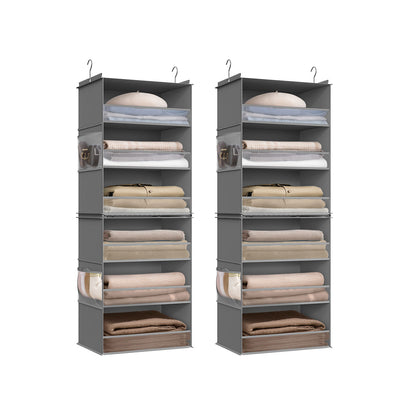 Set of 2 Hanging Closet Organizers, 6-Tier Fabric Storage Shelf, Separable Closet Hanging Shelf with Side Pockets, Foldable, Metal Hooks and Bamboo Inserts, Dove Gray