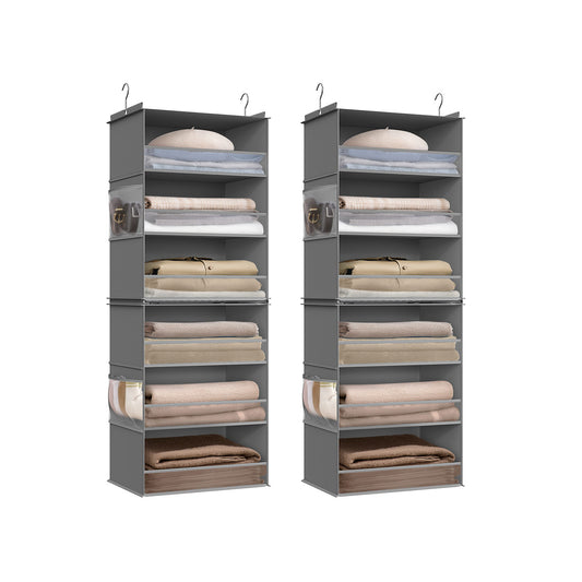 Set of 2 Hanging Closet Organizers, 6-Tier Fabric Storage Shelf, Separable Closet Hanging Shelf with Side Pockets, Foldable, Metal Hooks and Bamboo Inserts, Dove Gray