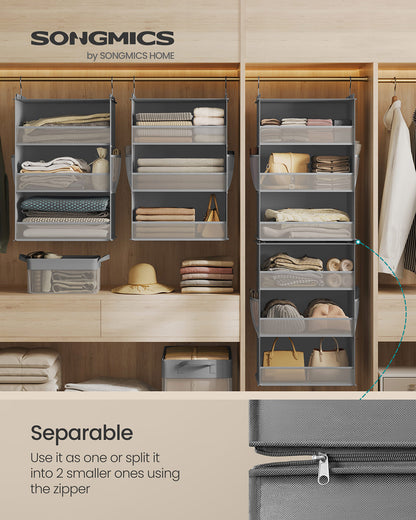 Set of 2 Hanging Closet Organizers, 6-Tier Fabric Storage Shelf, Separable Closet Hanging Shelf with Side Pockets, Foldable, Metal Hooks and Bamboo Inserts, Dove Gray