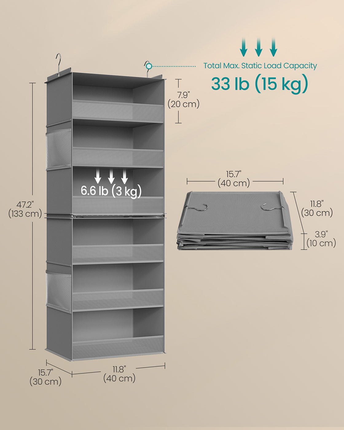 Set of 2 Hanging Closet Organizers, 6-Tier Fabric Storage Shelf, Separable Closet Hanging Shelf with Side Pockets, Foldable, Metal Hooks and Bamboo Inserts, Dove Gray