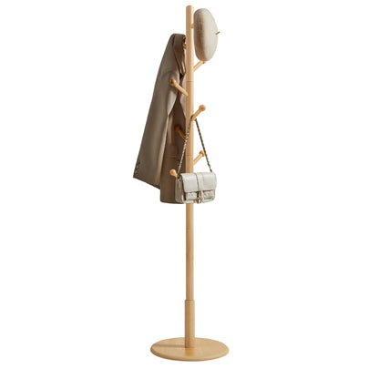 Coat Rack, Solid Coat Stand, Hall Tree, 8 Hooks, Walnut Color - Natural Beige / Round Base + Spherical Hooks