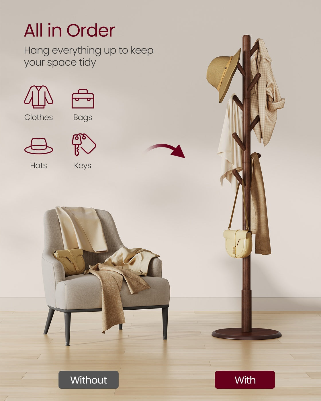 Solid Wood Coat Rack with 8 Hooks Caramel Brown - image 3