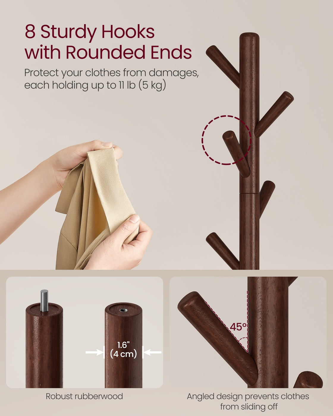 Solid Wood Coat Rack with 8 Hooks Caramel Brown - image 4