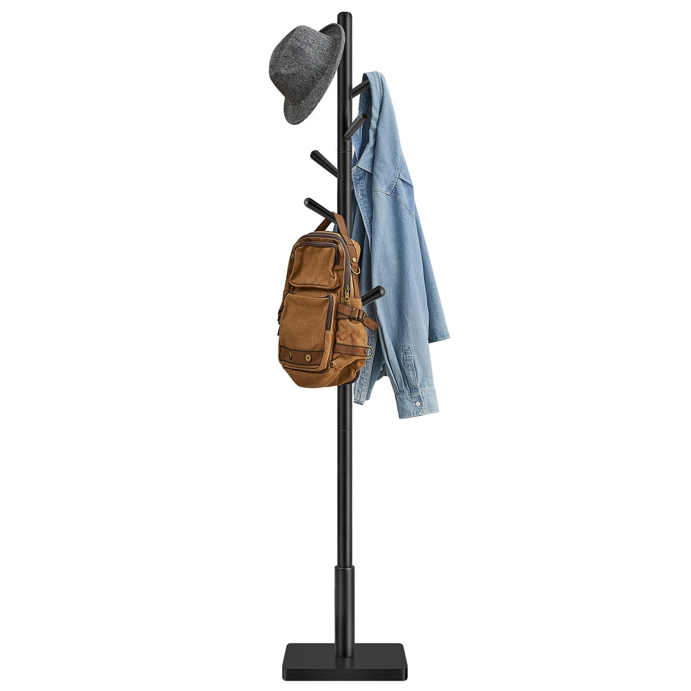 Coat Rack, Solid Coat Stand, Hall Tree, 8 Hooks, Walnut Color - Ink Black / Square Base + Cylindrical Hooks