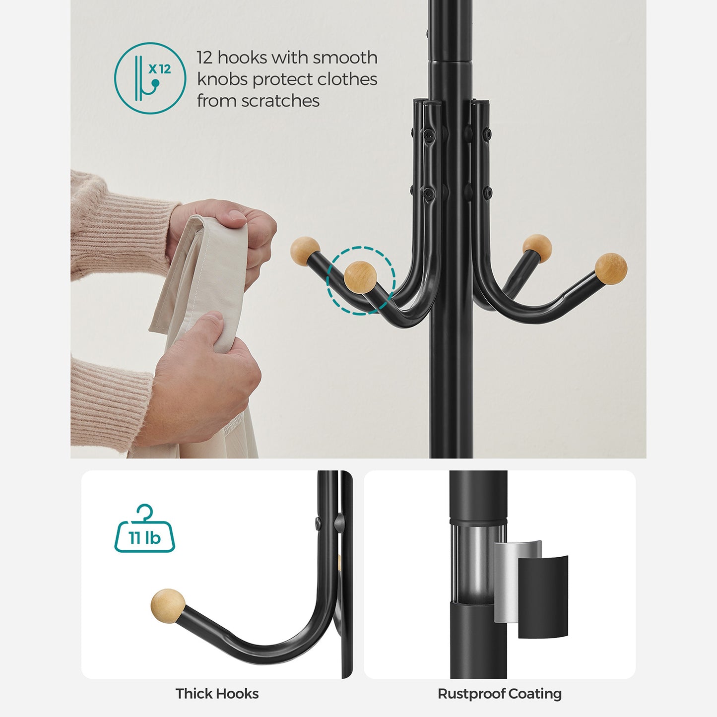 Coat Rack Freestanding with 12 Hooks and 4 Legs