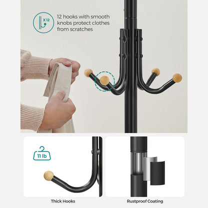 Coat Rack Freestanding with 12 Hooks and 4 Legs