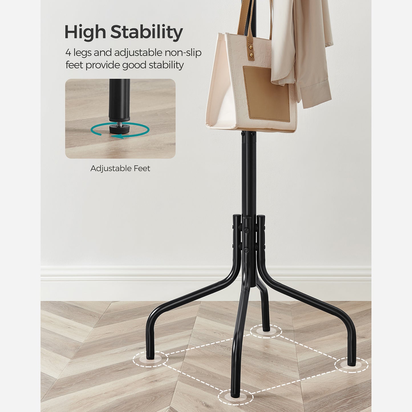 Coat Rack Freestanding with 12 Hooks and 4 Legs