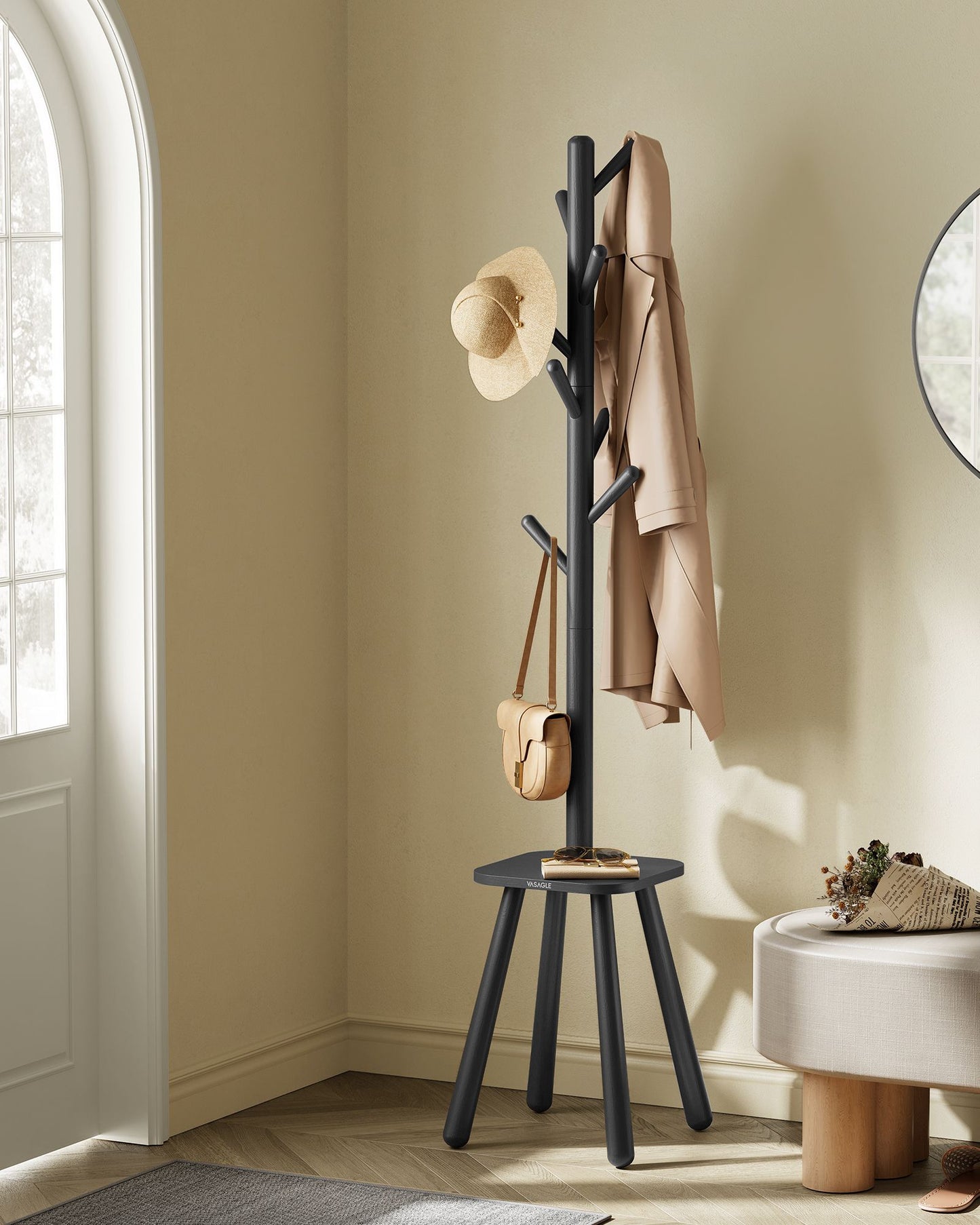 Free Standing Coat Stand with 8 Hooks and Storage Shelf - HWLEXTRA 